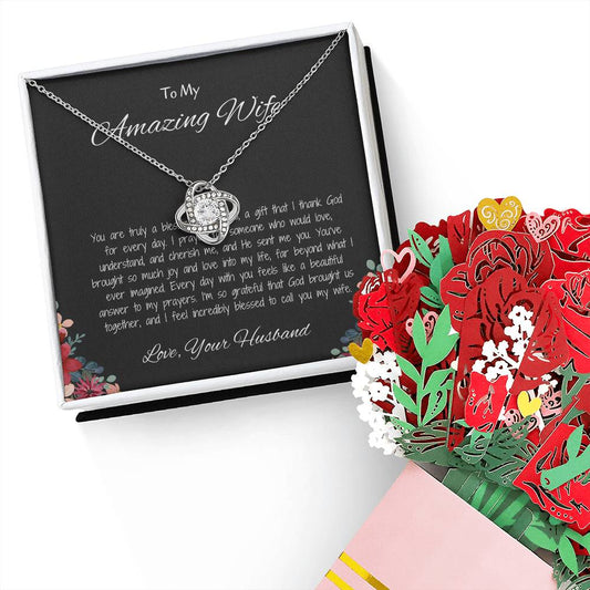 To My Amazing Wife, My Endless Love - Love Knot Necklace & Flower Bouquet