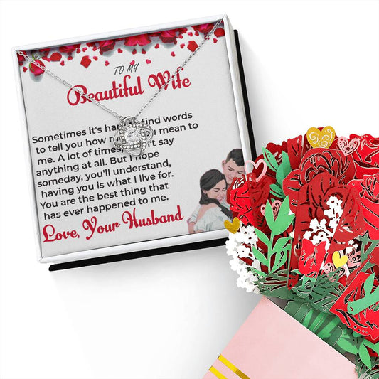 To My Beautiful Wife - Love Knot Necklace & Flower Bouquet | Necklace Pendant For Soulmate