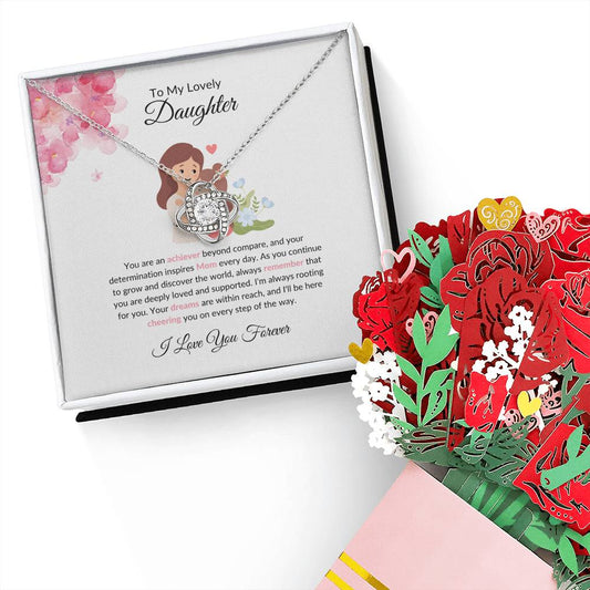 To My Sweet & Lovely Daughter – Cherished Love Knot Necklace & Flower Bouquet  Bundle Gift