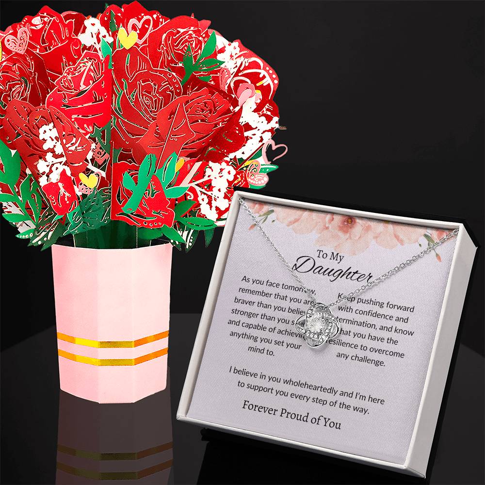 To My Daughter – Elegant Love Knot Necklace & Flower Bouquet Gift Set