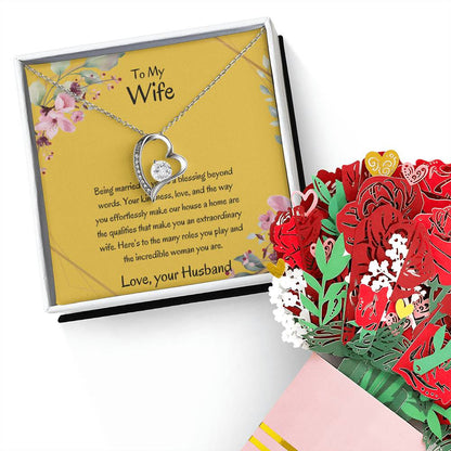 To My Wife, My Universe - Forever Love Necklace & Flower Bouquet Bundle Gift For Soulmate