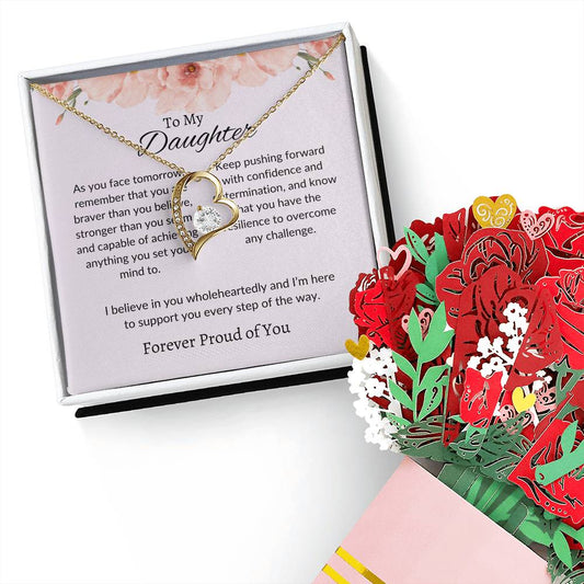 To My Daughter – Beautiful Forever Love Necklace & Lovely Flower Bouquet Gift Bundle Set