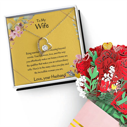 To My Wife, My Universe - Forever Love Necklace & Flower Bouquet Bundle Gift For Soulmate