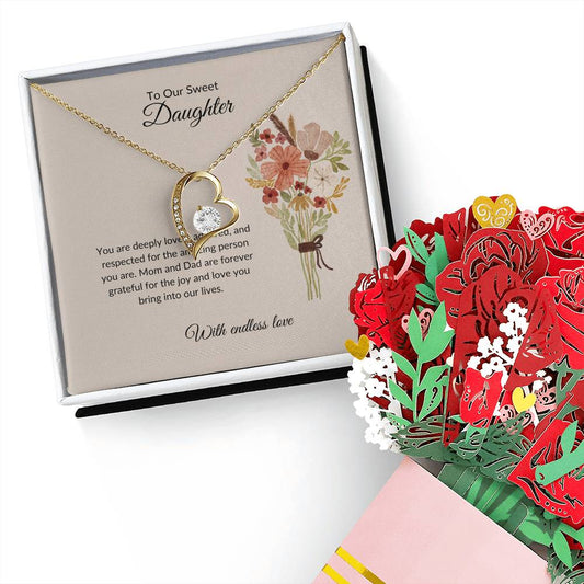 To My Sweet & Lovely Daughter – Heartfelt Forever Love Necklace & Beautiful Flower Bouquet Set