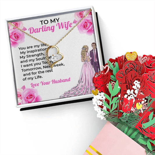 To My Darling Wife, My Life - Forever Love Necklace & Flower Bouquet Bundle Gift For Wife, For Soulmate