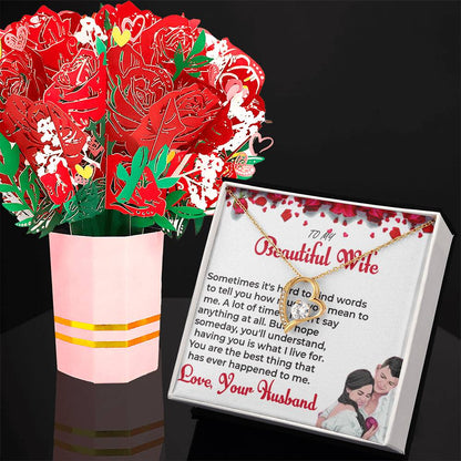 To My Beautiful Wife - Forever Love Necklace & Flower Bouquet Bundle Gift For Wife, For Soulmate