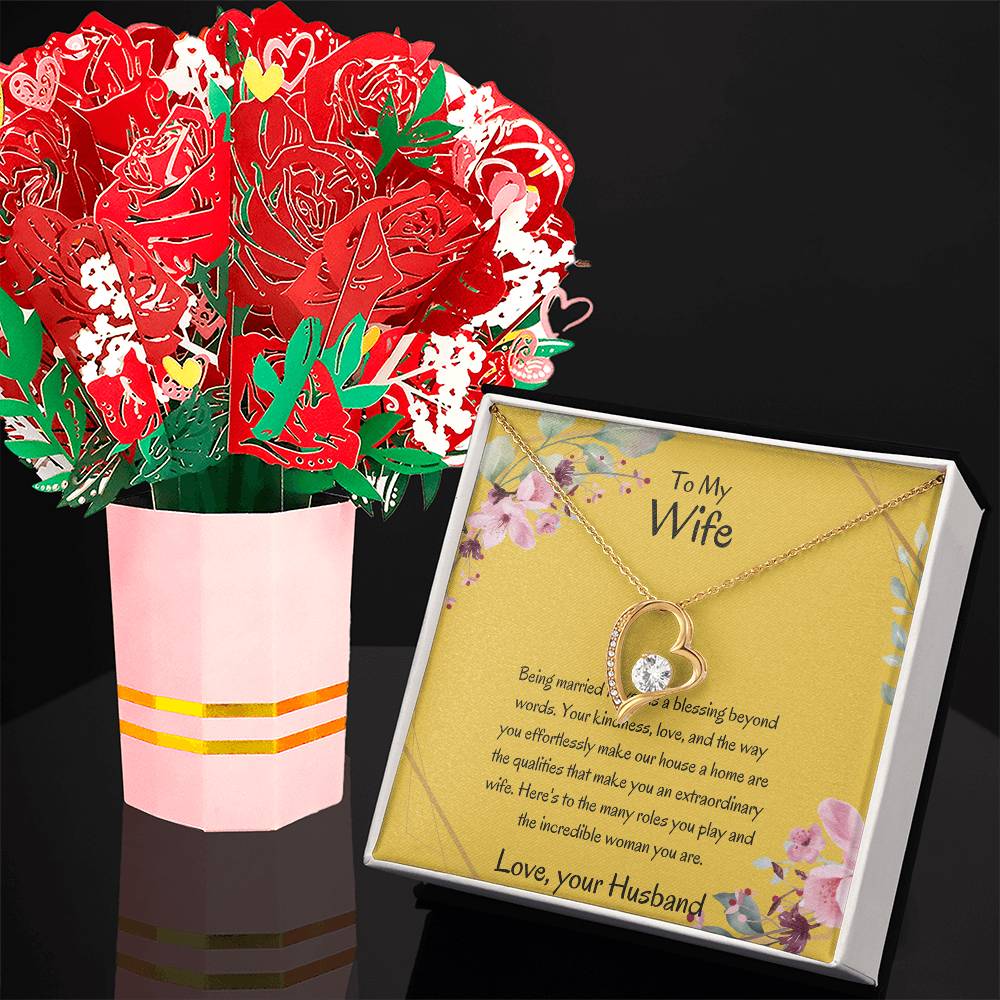 To My Wife, My Universe - Forever Love Necklace & Flower Bouquet Bundle Gift For Soulmate