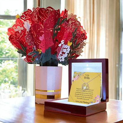 To My Wife, My Universe - Forever Love Necklace & Flower Bouquet Bundle Gift For Soulmate