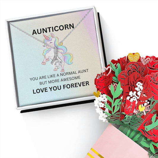 To My Aunticorn Aunt Necklace Gift Cute Unicorn Necklace and Flower Bouquet Bundle | With a Touch of Fun and Gratitude - SOUVMOUR