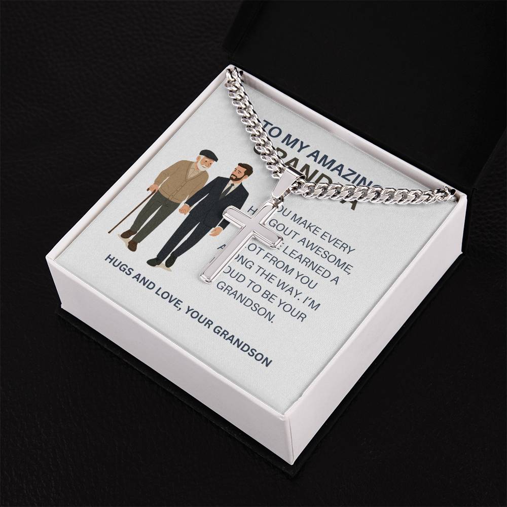 To My Dear Grandpa – Personalized Cross Necklace Cuban Link Chain Gift from Grandson