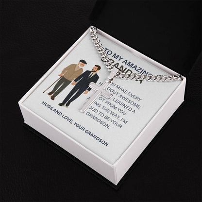 To My Dear Grandpa – Personalized Cross Necklace Cuban Link Chain Gift from Grandson