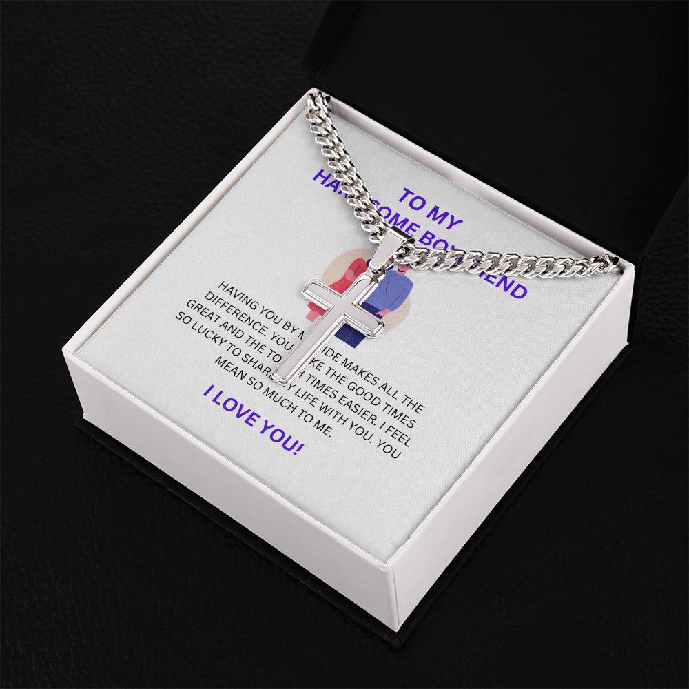 To My Handsome Boyfriend — Personalized Cross Necklace with Cuban Link Chain & Heartfelt Message Card