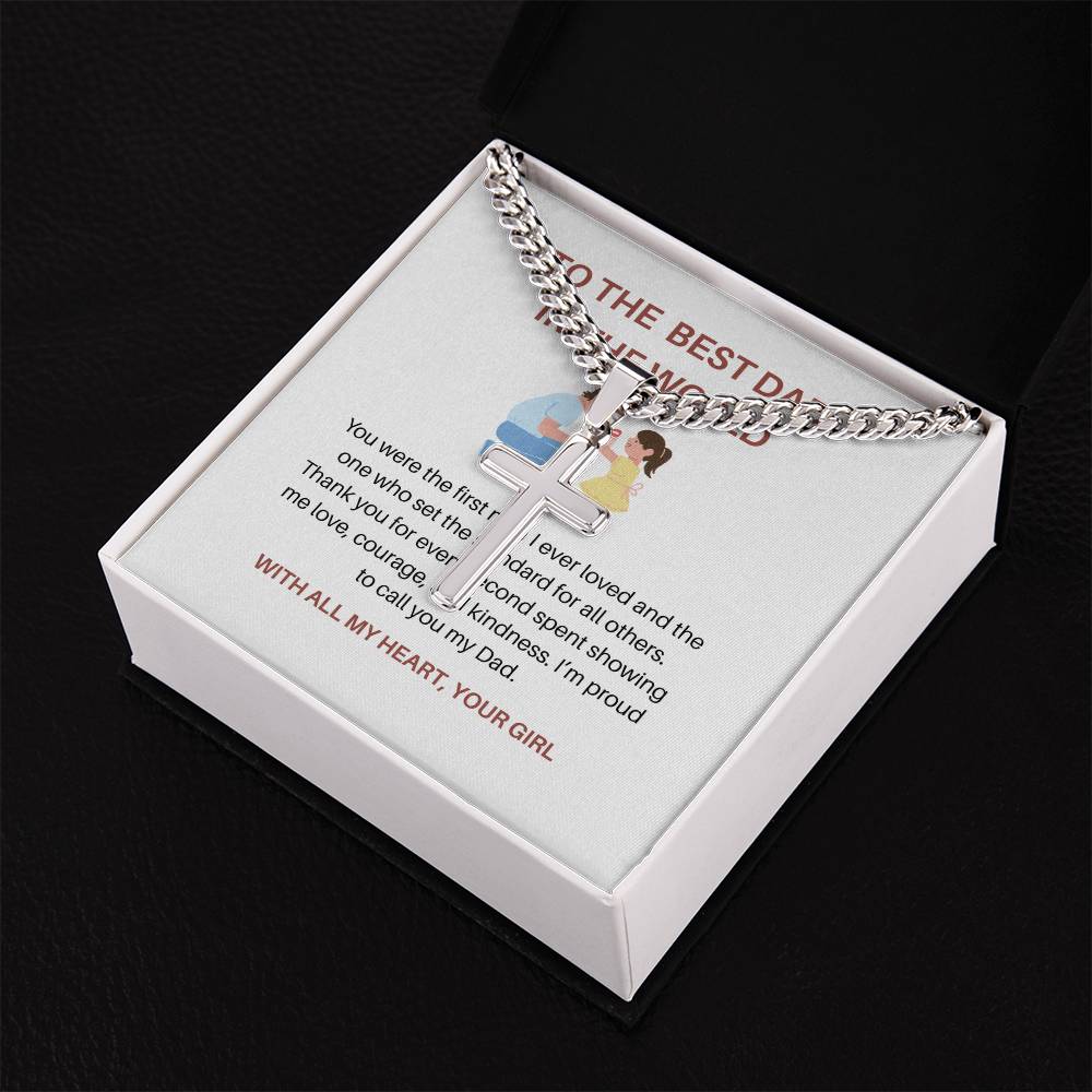 To My Dad – Personalized Cross Necklace with Cuban Link Chain from Daughter | Strong Dad, Strong Daughter