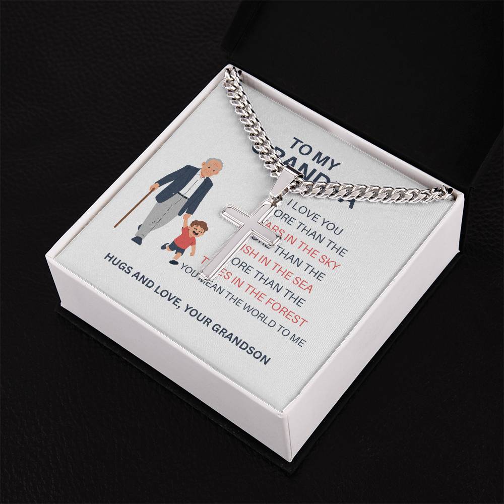 To My Beloved Grandpa – Custom Cross Necklace on Cuban Link Chain from Grandson, Gift with Heartfelt Card