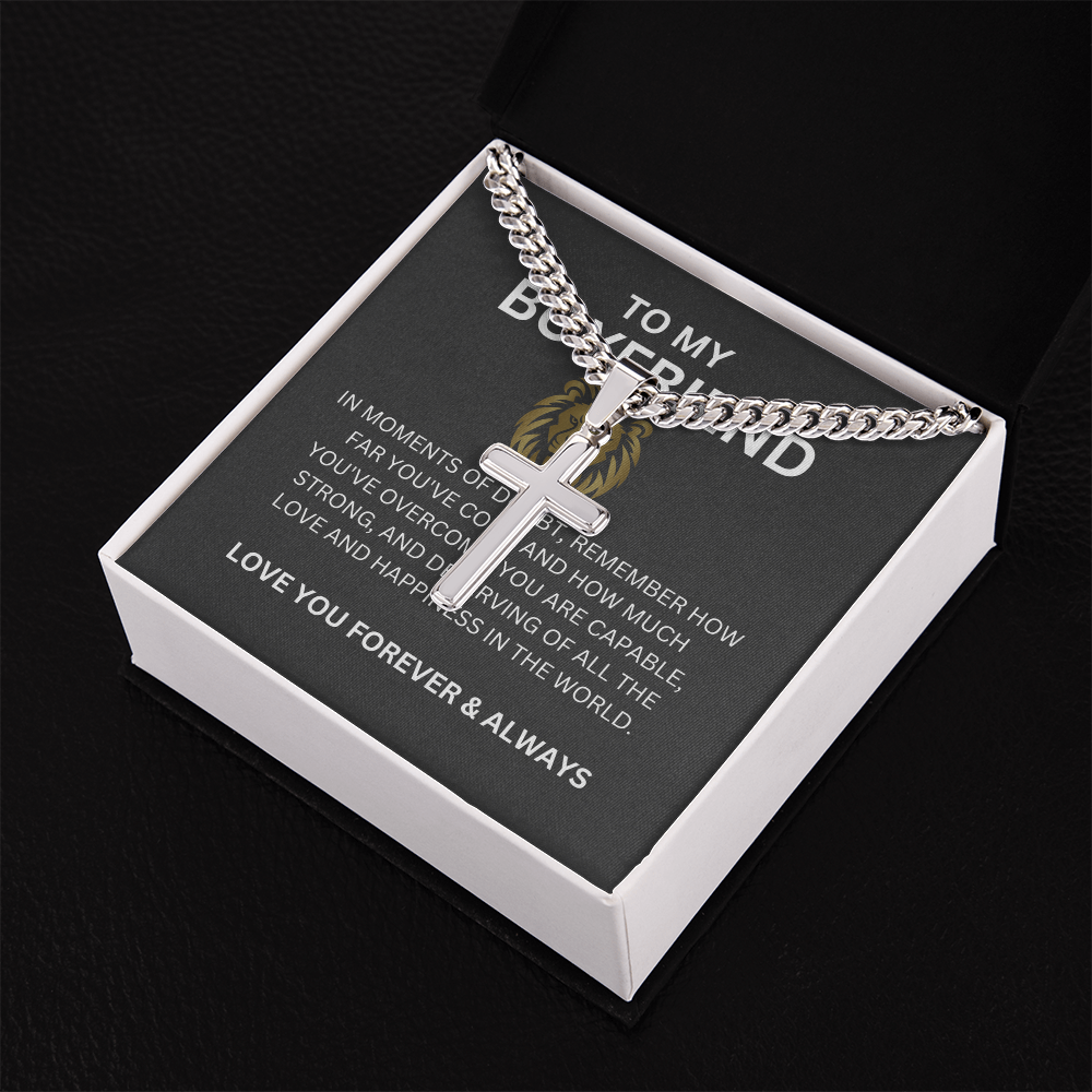 To My Special Boyfriend — Personalized Cuban Link Cross Necklace with Heartfelt Message Card