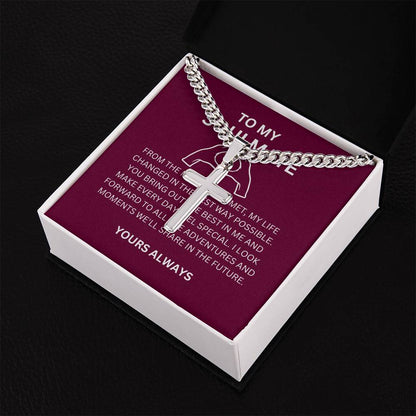 A Gift for My Boyfriend — Personalized Cross Necklace with Cuban Link Chain & Heartfelt Message Card