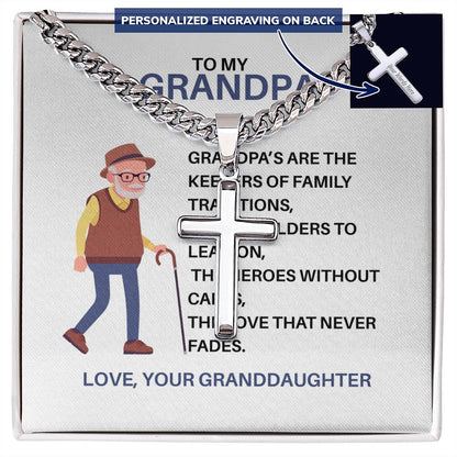 To My Hero Grandpa – Custom Cross Necklace Cuban Link Chain from Granddaughter, Gift for Grandpa