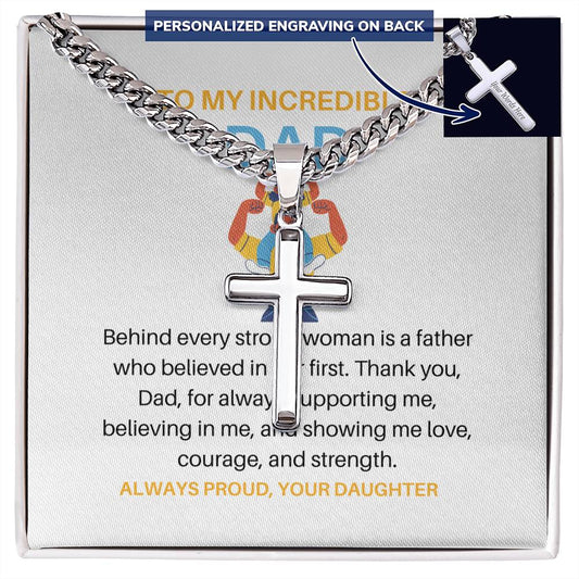 To My Dad – Personalized Cross Necklace with Cuban Link Chain from Daughter | Strong Dad, Strong Daughter