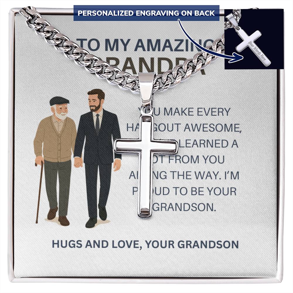To My Dear Grandpa – Personalized Cross Necklace Cuban Link Chain Gift from Grandson