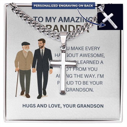 To My Dear Grandpa – Personalized Cross Necklace Cuban Link Chain Gift from Grandson