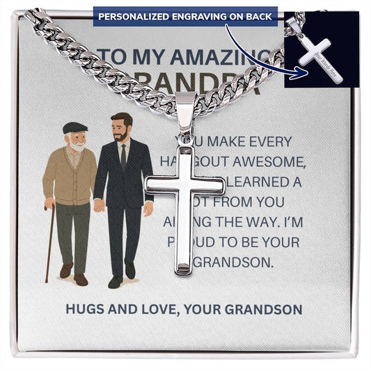 To My Dear Grandpa – Personalized Cross Necklace Cuban Link Chain Gift from Grandson