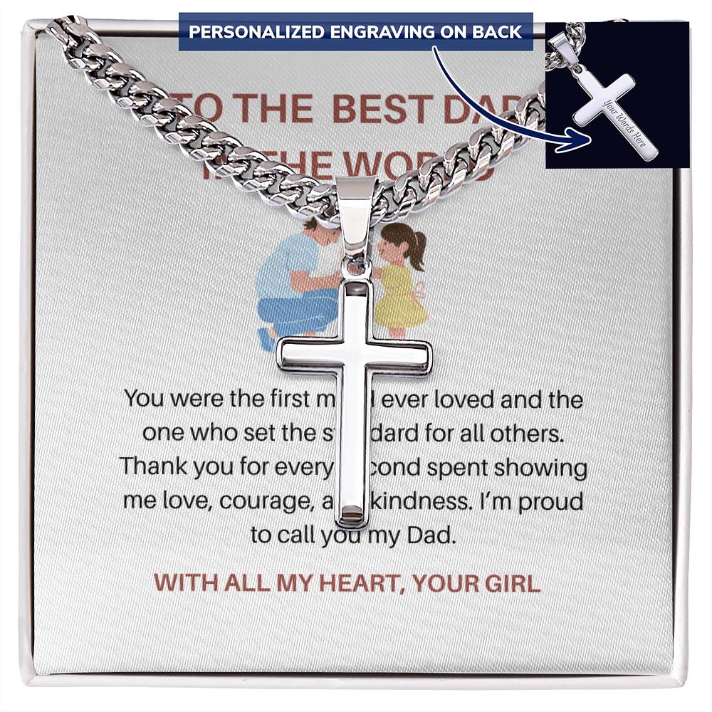 To My Dad – Personalized Cross Necklace with Cuban Link Chain from Daughter | Strong Dad, Strong Daughter
