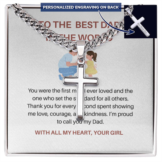 To My Dad – Personalized Cross Necklace with Cuban Link Chain from Daughter | Strong Dad, Strong Daughter