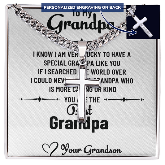 To My Special Grandpa – Personalized Cross Necklace with Cuban Link Chain Gift from Grandson with Message Card