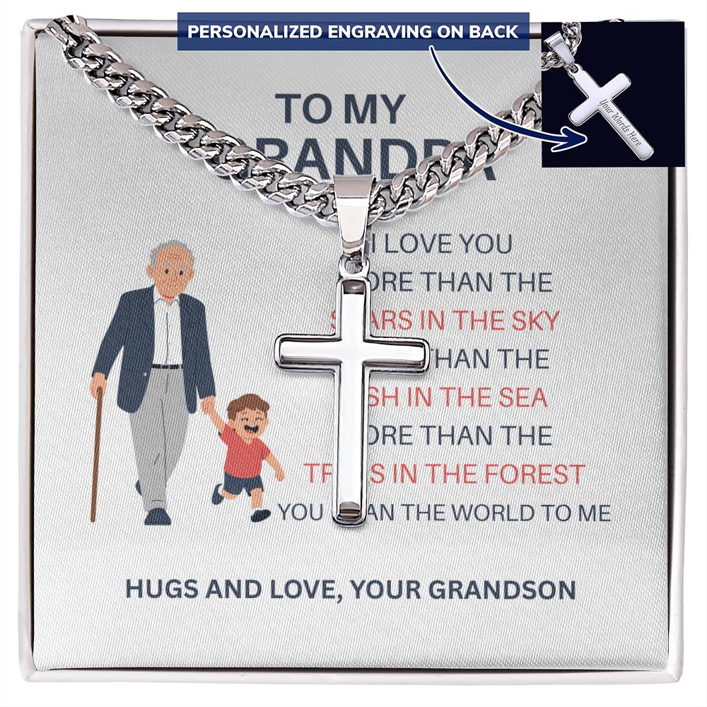 To My Beloved Grandpa – Custom Cross Necklace on Cuban Link Chain from Grandson, Gift with Heartfelt Card