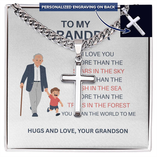 To My Beloved Grandpa – Custom Cross Necklace on Cuban Link Chain from Grandson, Gift with Heartfelt Card