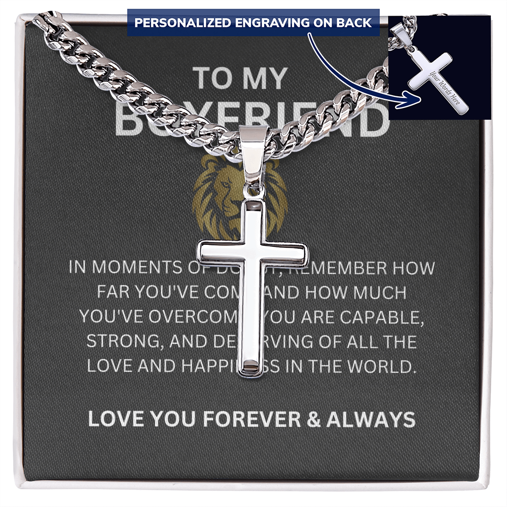 To My Special Boyfriend — Personalized Cuban Link Cross Necklace with Heartfelt Message Card