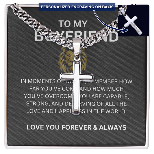 To My Special Boyfriend — Personalized Cuban Link Cross Necklace with Heartfelt Message Card