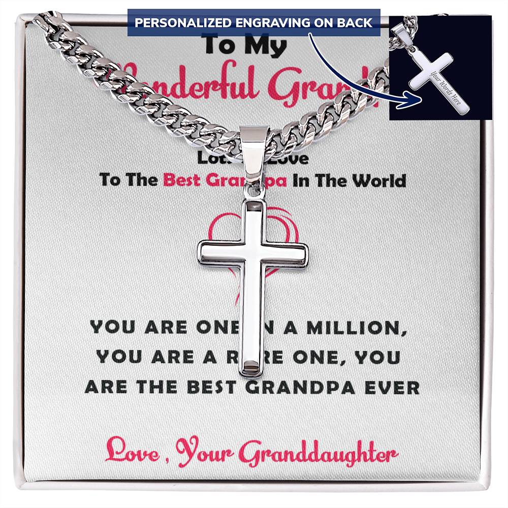 To My Wonderful Grandpa – Personalized Cross Necklace with Cuban Link Chain Gift from Granddaughter with Heartfelt Card