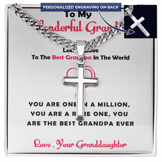 To My Wonderful Grandpa – Personalized Cross Necklace with Cuban Link Chain Gift from Granddaughter with Heartfelt Card