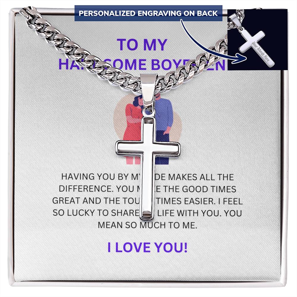 To My Handsome Boyfriend — Personalized Cross Necklace with Cuban Link Chain & Heartfelt Message Card