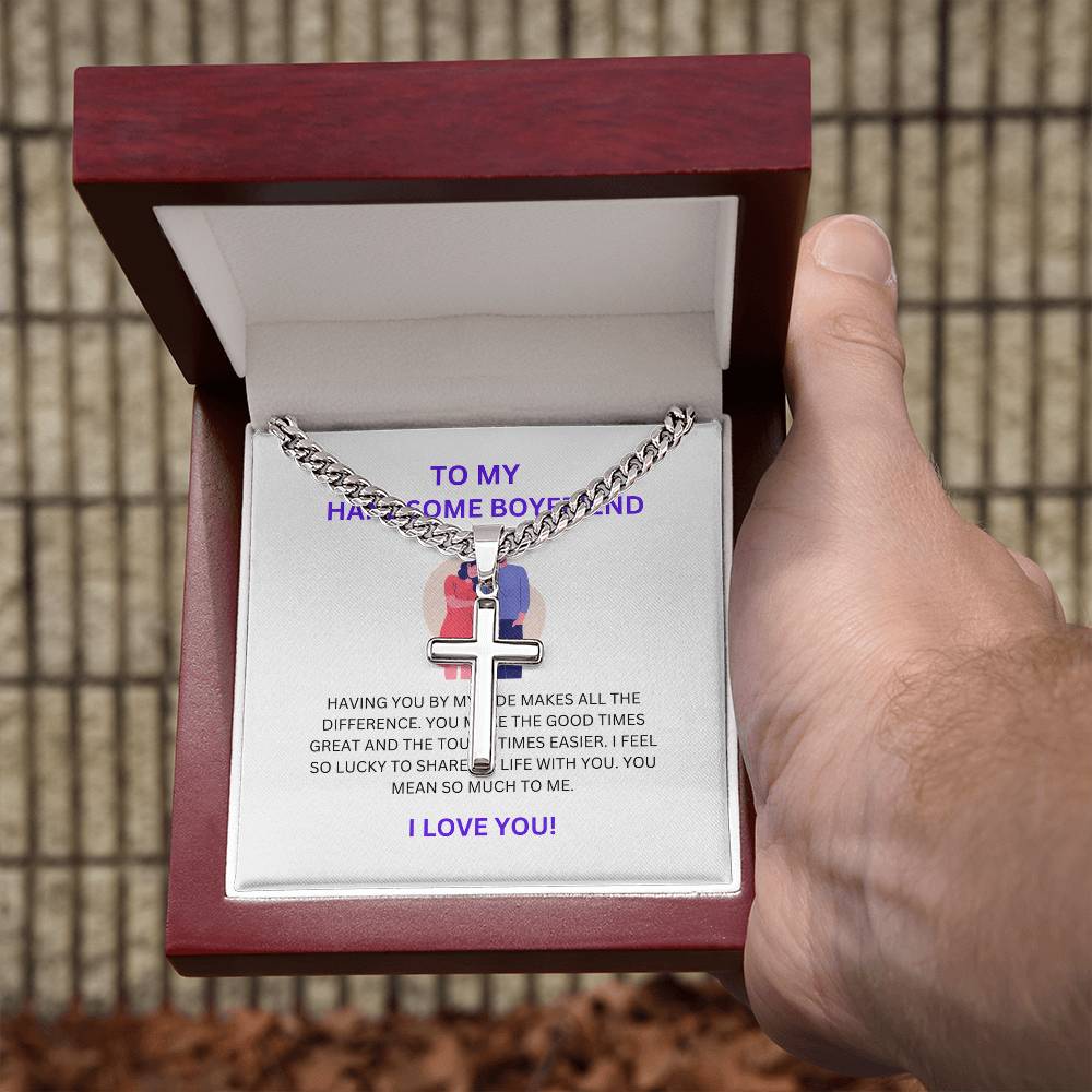 To My Handsome Boyfriend — Personalized Cross Necklace with Cuban Link Chain & Heartfelt Message Card