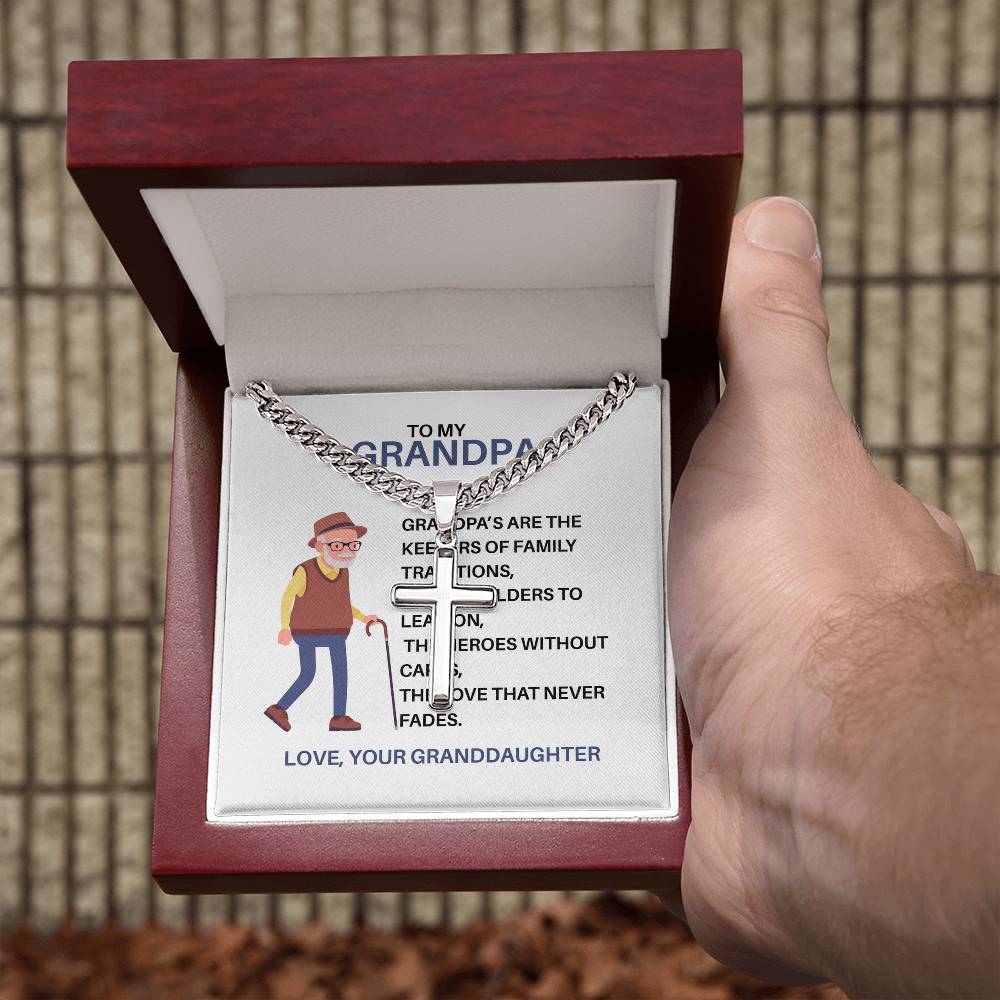 To My Hero Grandpa – Custom Cross Necklace Cuban Link Chain from Granddaughter, Gift for Grandpa