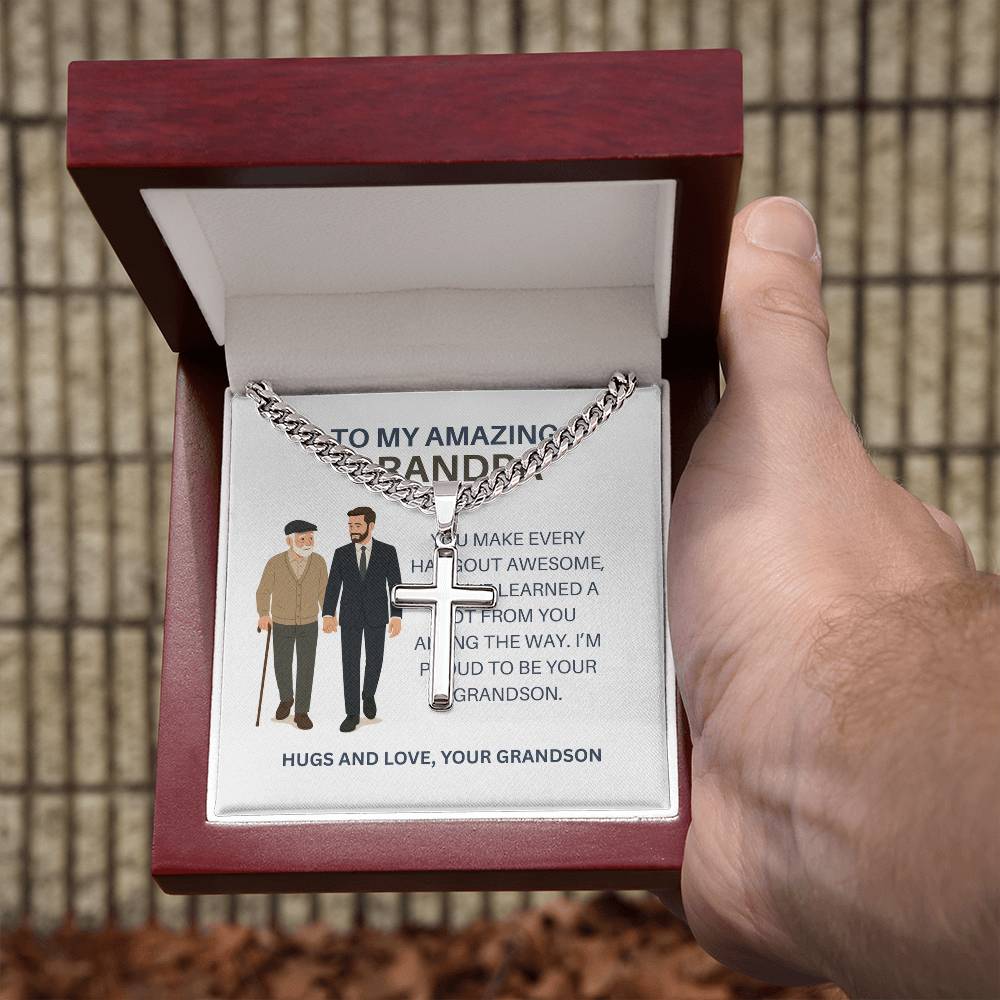 To My Dear Grandpa – Personalized Cross Necklace Cuban Link Chain Gift from Grandson
