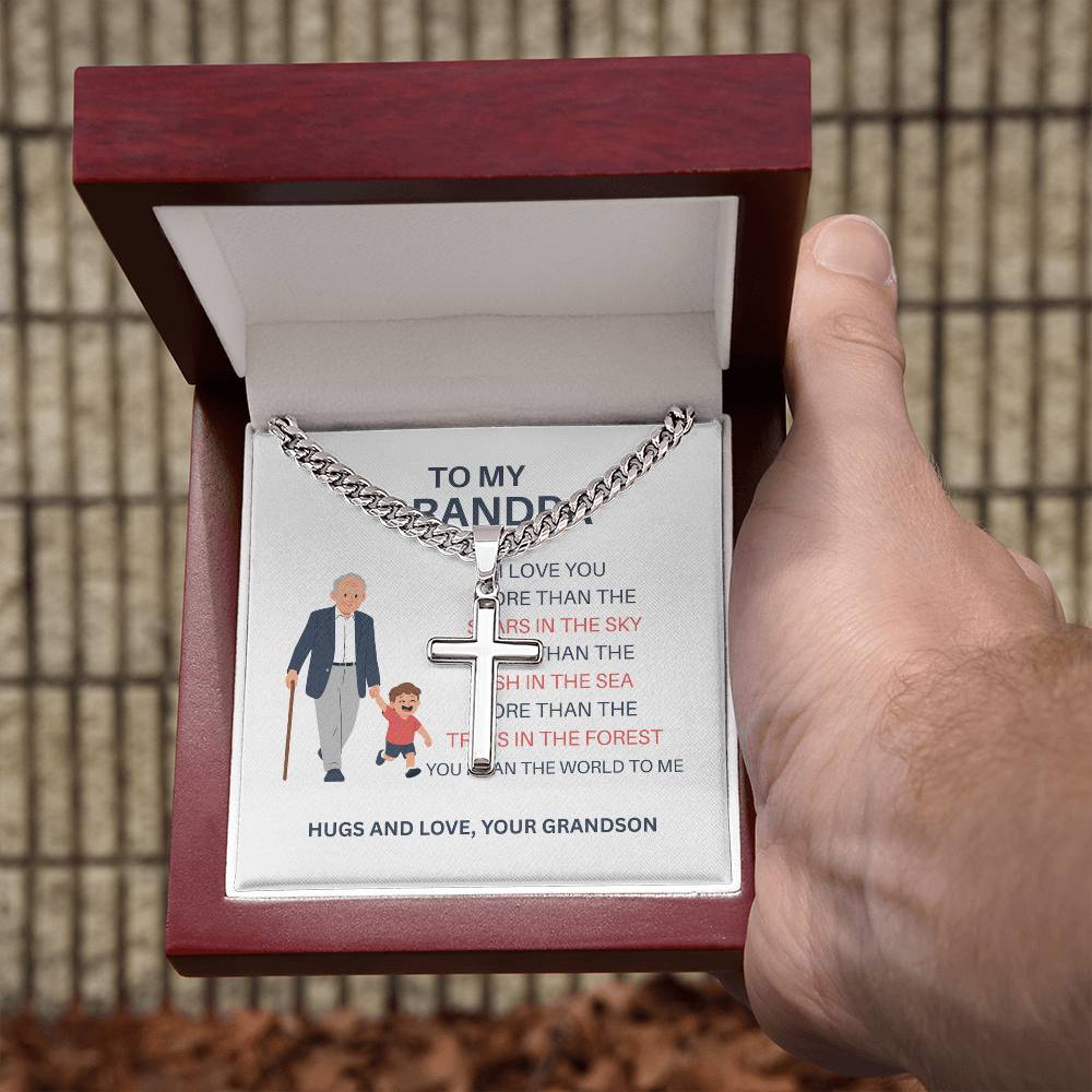To My Beloved Grandpa – Custom Cross Necklace on Cuban Link Chain from Grandson, Gift with Heartfelt Card