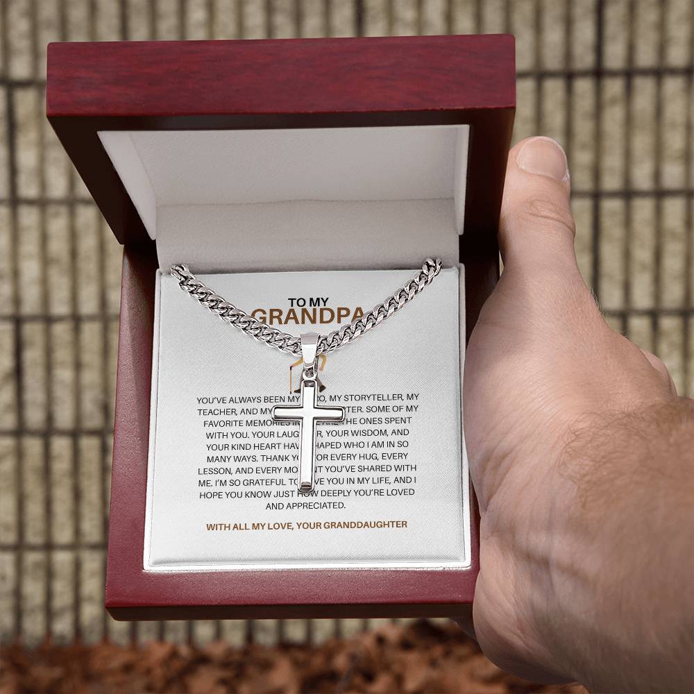 To My Special Grandpa – Personalized Cross Necklace on Cuban Link Chain Gift from Granddaughter