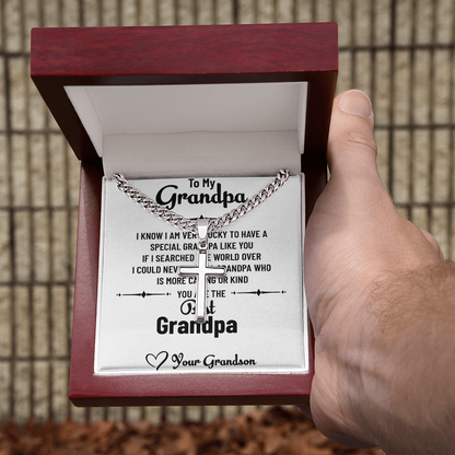 To My Special Grandpa – Personalized Cross Necklace with Cuban Link Chain Gift from Grandson with Message Card
