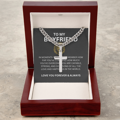 To My Special Boyfriend — Personalized Cuban Link Cross Necklace with Heartfelt Message Card