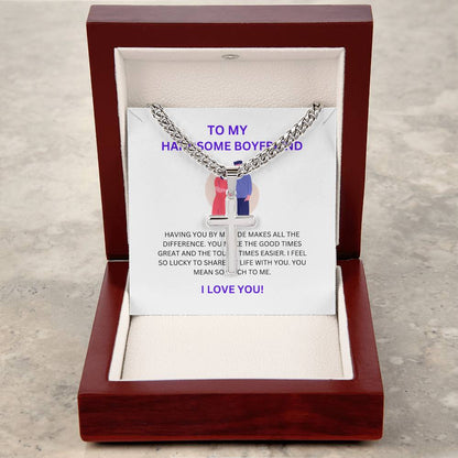 To My Handsome Boyfriend — Personalized Cross Necklace with Cuban Link Chain & Heartfelt Message Card