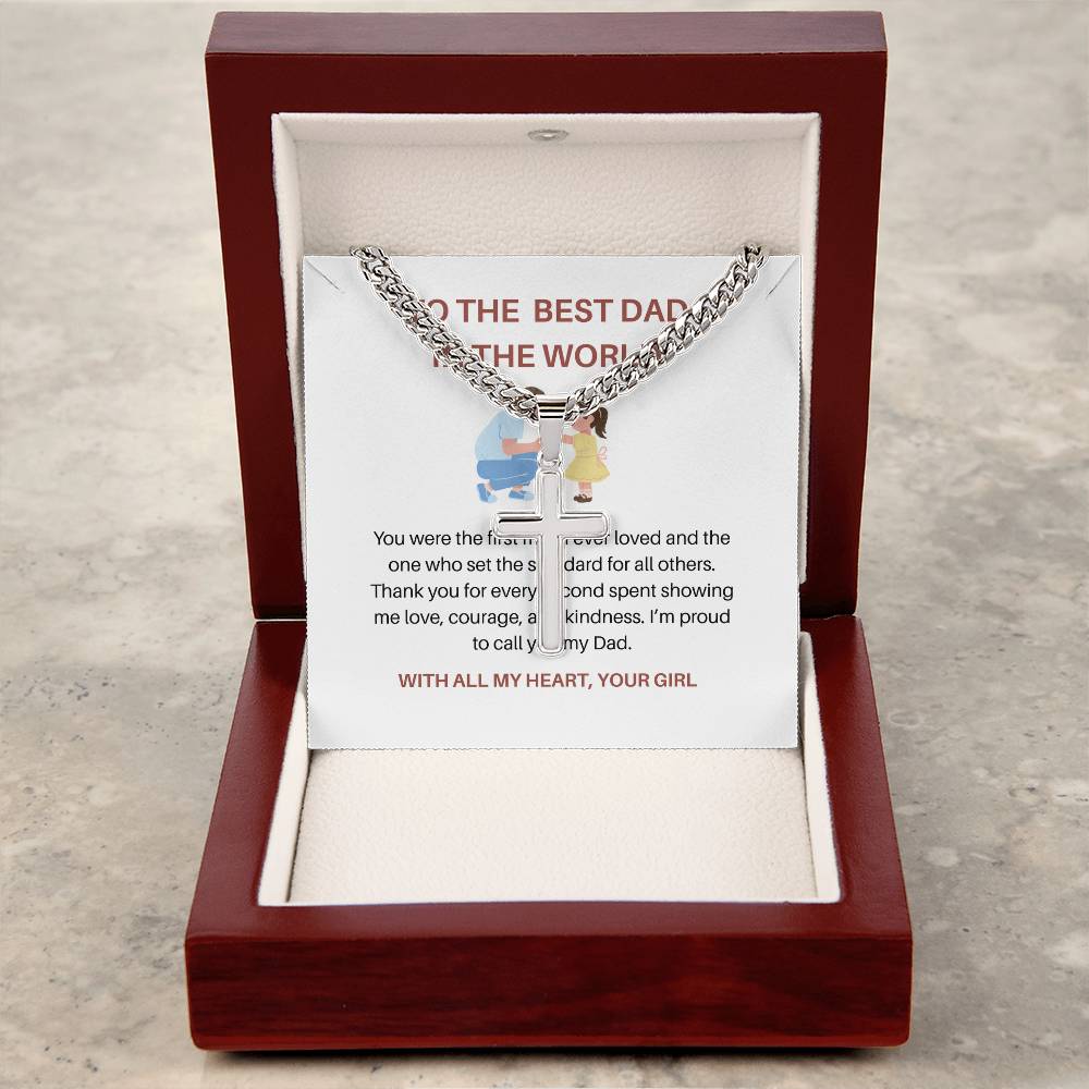 To My Dad – Personalized Cross Necklace with Cuban Link Chain from Daughter | Strong Dad, Strong Daughter