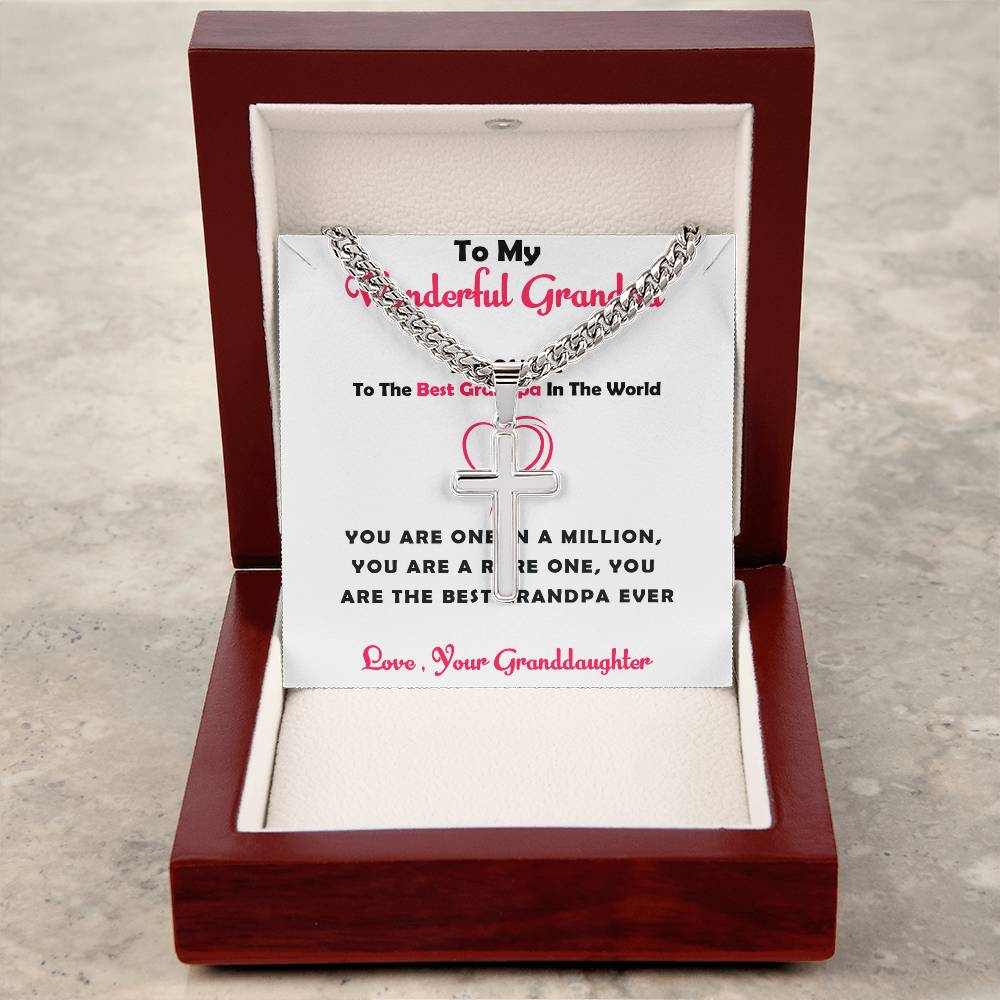 To My Wonderful Grandpa – Personalized Cross Necklace with Cuban Link Chain Gift from Granddaughter with Heartfelt Card