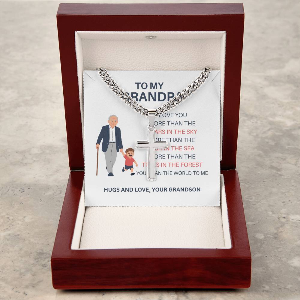 To My Beloved Grandpa – Custom Cross Necklace on Cuban Link Chain from Grandson, Gift with Heartfelt Card