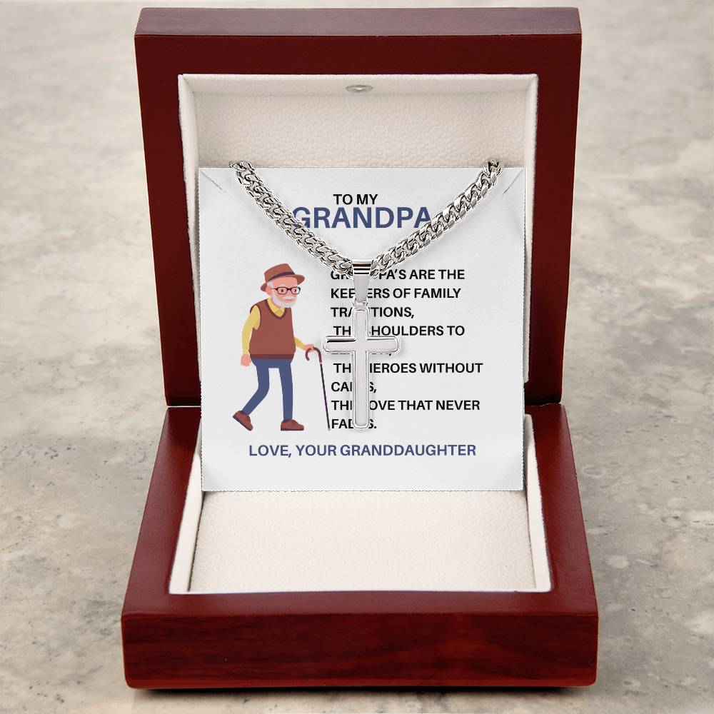 To My Hero Grandpa – Custom Cross Necklace Cuban Link Chain from Granddaughter, Gift for Grandpa