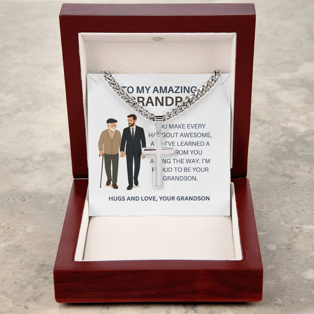 To My Dear Grandpa – Personalized Cross Necklace Cuban Link Chain Gift from Grandson