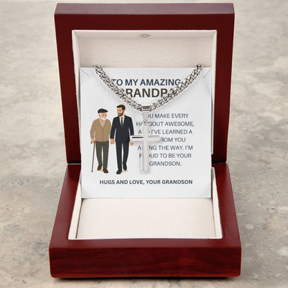 To My Dear Grandpa – Personalized Cross Necklace Cuban Link Chain Gift from Grandson