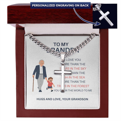 To My Beloved Grandpa – Custom Cross Necklace on Cuban Link Chain from Grandson, Gift with Heartfelt Card